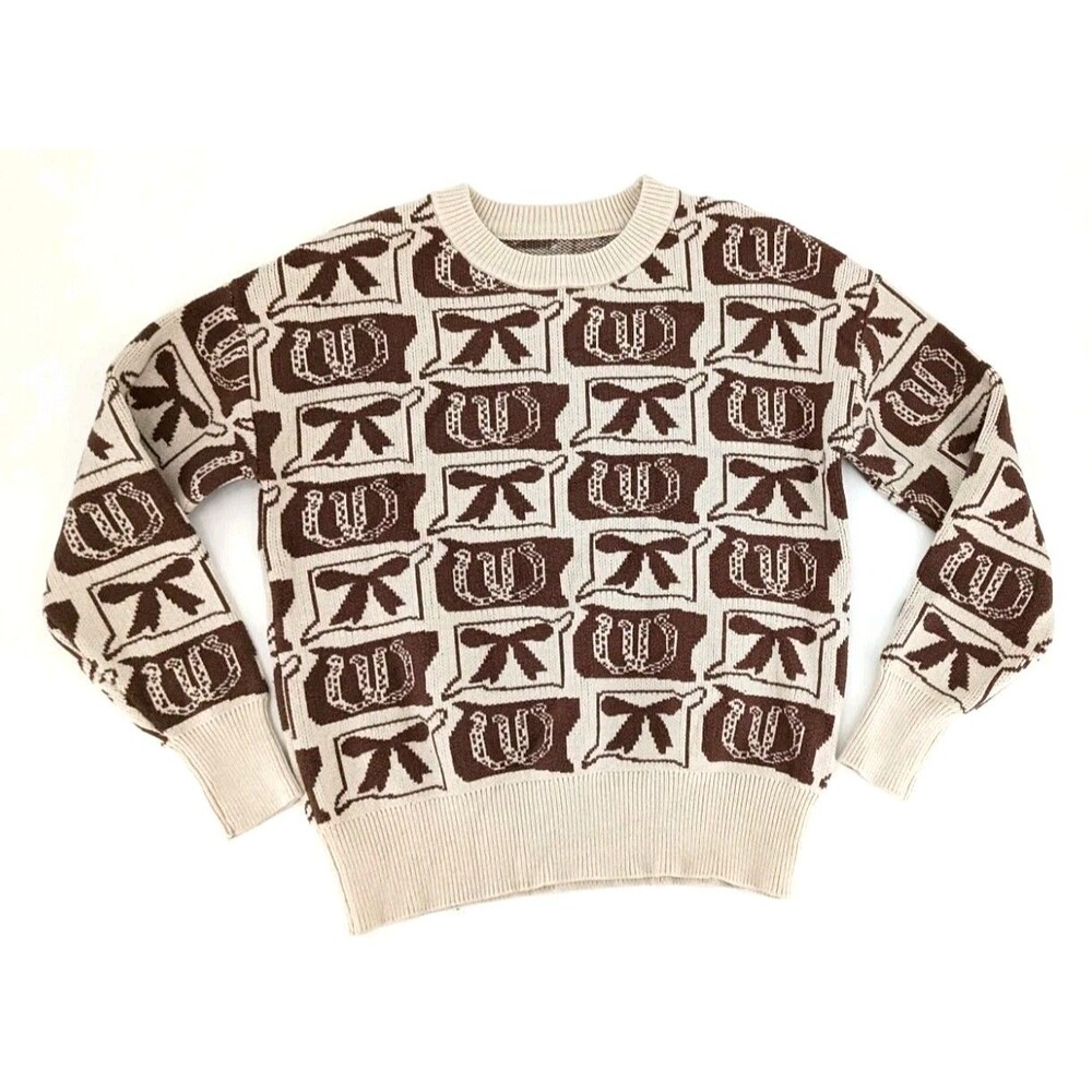 Cozy Knit Western Crewneck Sweater Medium Cream Brown Cowgirl Ranchwear Fall